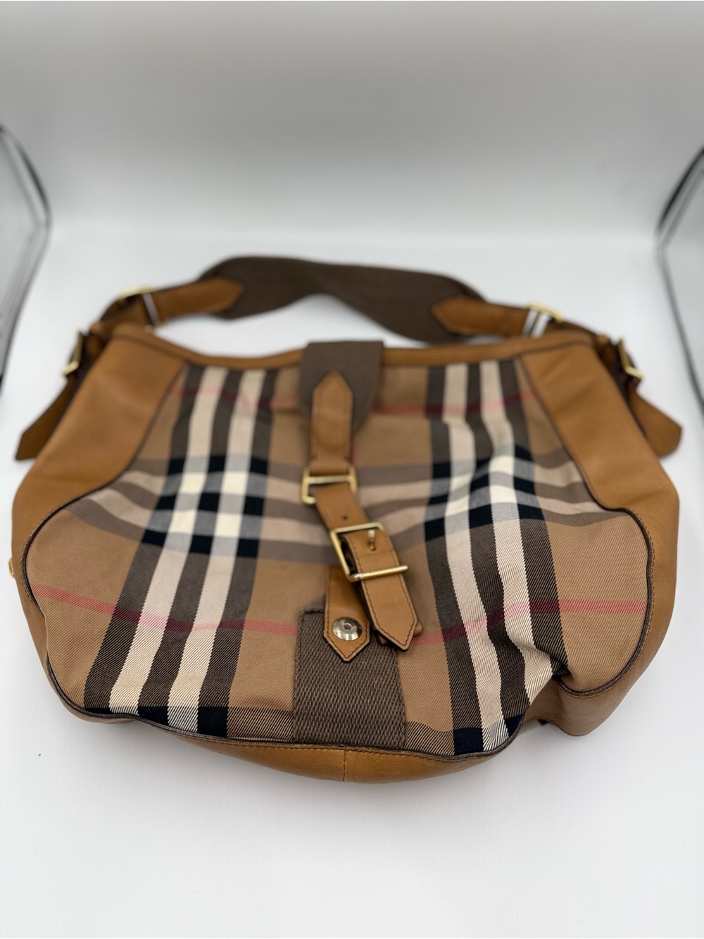 Burberry Haymarket House Check Leather and Canvas Hobo Bag - Picture 12 of 15